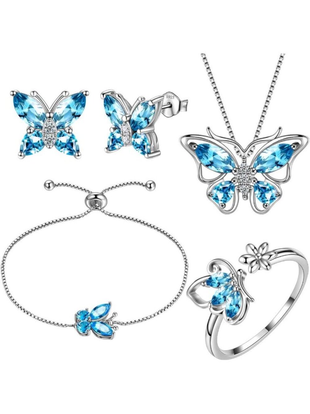 925 Sterling Silver Butterfly Birthstone Jewelry Set - Pendant, Earrings, Rings